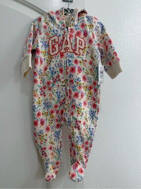 GAP Cream Floral Hooded Footed Romper with Pink and Blue Blooms
